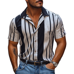 Men's Retro Casual Vertical Stripe Printed Chiffon Short Sleeve Shirt MTA2024C4K