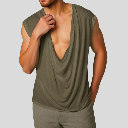 Men's Casual V Neck Cotton Draped Pleated Loose Tank Top MTA3128C5M