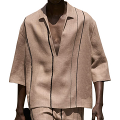 Men's Spring And Summer Fashion Casual V-neck Cotton And Linen Three-quarter Sleeve Shirt MTA0831D6K