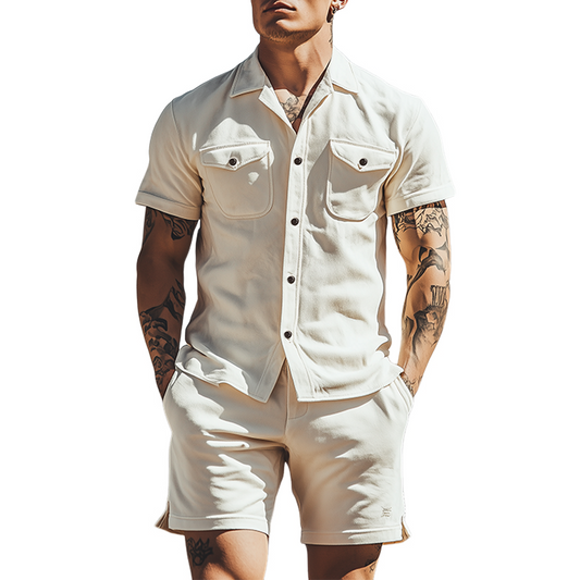 Men's Spring Fashion Casual Suede Short Sleeve Shirt Length To Knee Shorts Set MTA0322D2K
