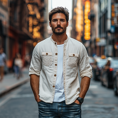 Men's Spring Fashion Personalized Lace Pocket Stitching Cotton And Linen Long Sleeve Shirt MTA2673C5K