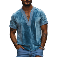Men's Spring Fashion Deep V-neck Lace Stitching Velvet Short Sleeve T-shirt MTA2699C5K