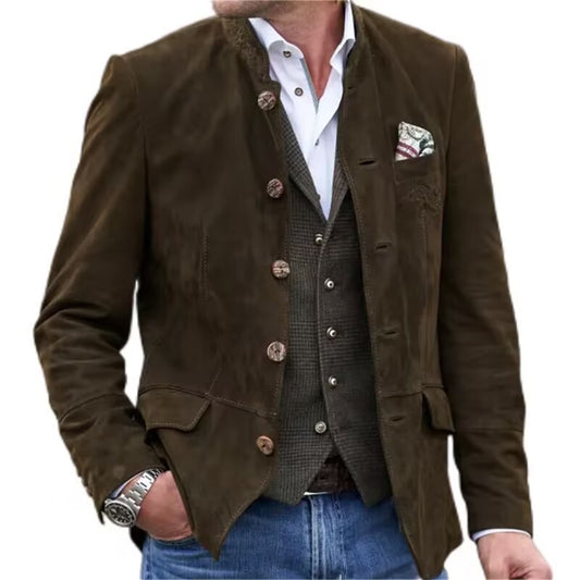 Men's New Suede Casual Jacket - Button Closure & Stand Collar