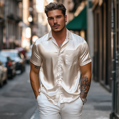 Men's Spring And Summer Fashion Pocket Lace Stitching Satin Short Sleeve Shirt MTA2201C9K