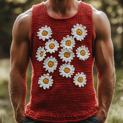 Men's Casual Crew Neck Daisy Embroidered Slim Fit Knitted Tank Top MTA0703D0M