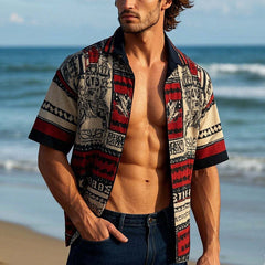 Men's Vintage Printed Lapel Short Sleeve Shirt MTA2580C3X