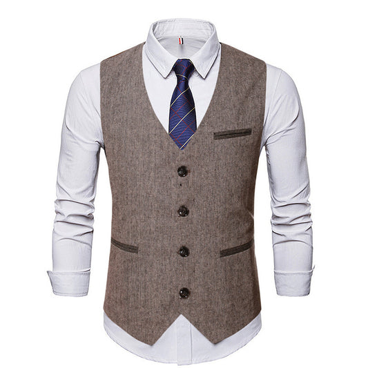Men's Casual Linen V-neck Single Breasted Patch Pocket Slim Suit Vest 24581320M