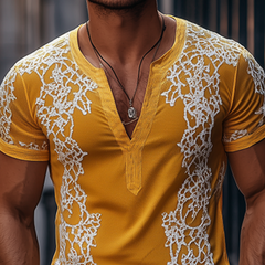 Men's Spring Fashion Deep V Neck Exquisite Embroidery Cotton Short Sleeve T-shirt MTA2644C7K