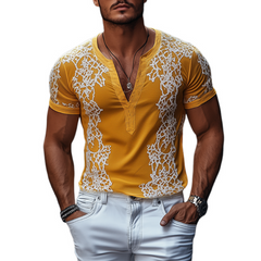 Men's Spring Fashion Deep V Neck Exquisite Embroidery Cotton Short Sleeve T-shirt MTA2644C7K