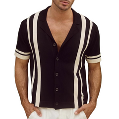 Men's Knit Striped Notch Lapel Single Breasted Short Sleeve Polo Shirt MTA0815D6Z
