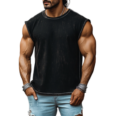 Men's Vintage Denim Heavy Wash Loose Round Neck Tank Top MTA1870C9M