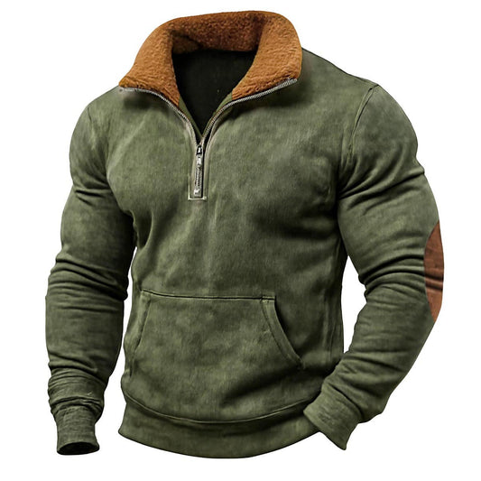 Men's Vintage Outdoor Army Green Suede Color Block Stitching Pocket Quarter Zip Stand Collar Long Sleeve Sweatshirt