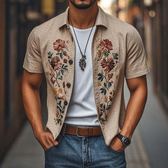 Men's Casual Linen Embroidered Lapel Single Breasted Short Sleeve Shirt MTA2771C3M