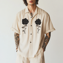 Men's Casual Cotton Linen Rose Embroidery Lapel Loose Short Sleeve Shirt 85598724M