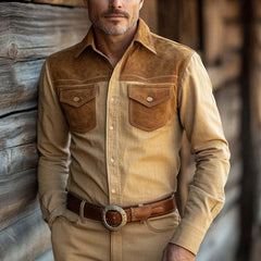 Men's Vintage Cotton And Linen Suede Long Sleeve Shirt 57643277U