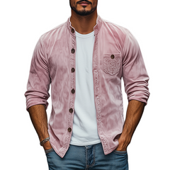 Men's Spring Fashion Casual Stand Collar Embroidered Suede Long Sleeve Shirt MTA3127C8K