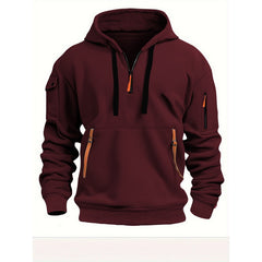 Stylish Maroon Hoodie with Tactical Pockets and Zipper Accents for Men