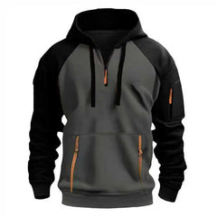 Stylish Contrast Color Hoodie with Functional Pockets and Half-Zip Design for Outdoor Adventures