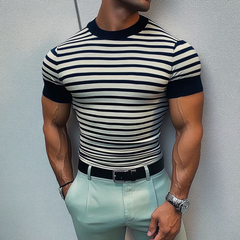 Men's Casual Round Neck Striped Knitted Loose Short Sleeve Sweater T-Shirt MTA2517C0M