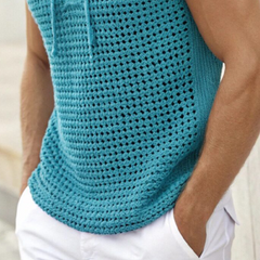 Men's Summer Fashion Casual Hooded Hollow Knitted Short Sleeve T-shirt MTA1013D0K