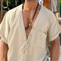 Men's Spring Fashion Casual Loose Deep V Neck Linen Short Sleeve Shirt MTA0177D6K