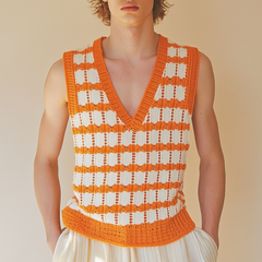 Men's Casual V-Neck Plaid Jacquard Knitted Tank Top MTA0728D1M