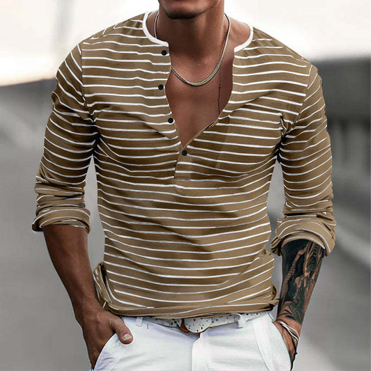 Men's Striped Henley Collar Long Sleeve Casual T-shirt 00046965Z