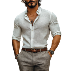 Men's Casual Cotton Linen Lapel Single Breasted Slim Fit Long Sleeve Shirt MTA3115C0M