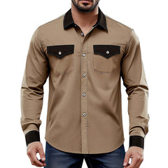 Men's Comfortable Khaki Colorblock Casual Long Sleeve Shirt MTA0209D2U