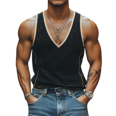 Men's Summer Fashion Casual Deep V-neck Contrast Color Stitching Suede Tank Top MTA0335D5K