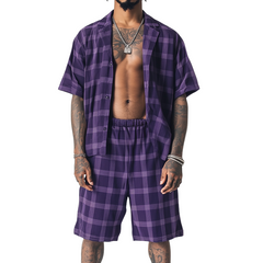 Men's Casual Sports Check Print Linen Shirt Two-Piece Set MTA0962D9TO