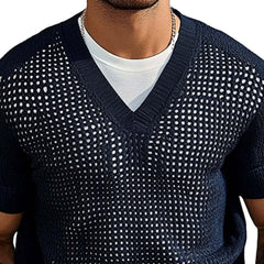 Men's Solid Color Knitted V-Neck Short Sleeve Sweater T-Shirt MTA1899C8X