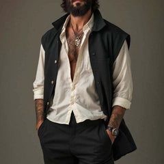 Men's Pure Black Lapel Mid-Length Cotton Vest MTA1776C6U