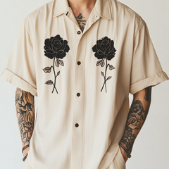 Men's Casual Cotton Linen Rose Embroidery Lapel Loose Short Sleeve Shirt 85598724M