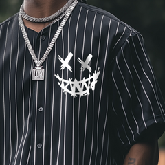 Men's Retro Casual Striped Smiley Face Hip Hop Baseball Button Short Sleeve T-Shirt MTA1474C2TO