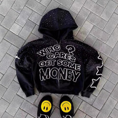 Stylish "Who Cares Get Some Money" Graphic Hoodie with Starry Night Design