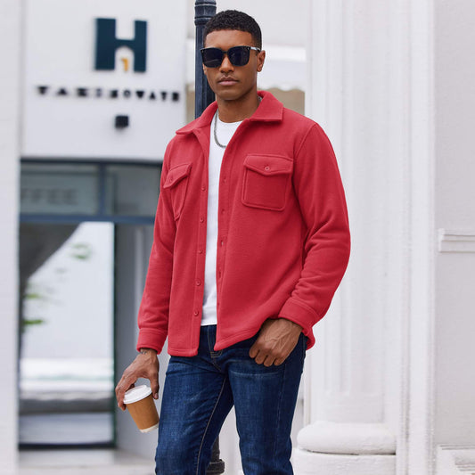 Red Button-Up Fleece Shirt Jacket with Chest Pockets