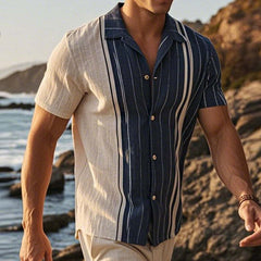 Men's Retro Casual Linen Striped Colorblock Printed Lapel Short Sleeve Shirt MTA2750C2TO