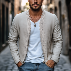 Men's Spring New Retro Casual Ethnic Style Lace Stitching Cotton And Linen Cardigan MTA2140C0K