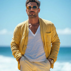 Men's Casual Bright Yellow Cotton And Linen Long Sleeve Shirt MTA1820C7U