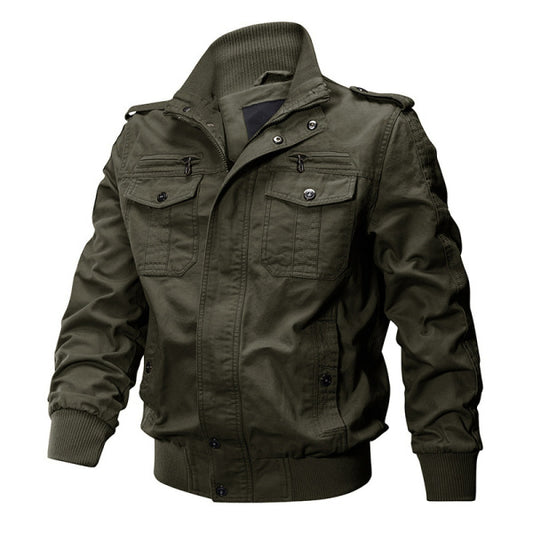 Men's Military-Style Jacket with Multiple Pockets and Adjustable Cuffs