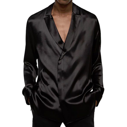 Men's Spring Fashion Deep V Neck Satin Casual Black Long Sleeve Shirt MTA0137D6K