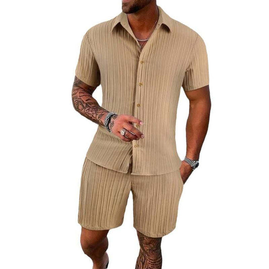 Men's Solid Color Striped Lapel Short Sleeve Shorts Casual Set 63428764X