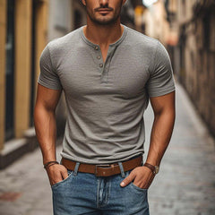 Men's Casual Comfortable Cotton Henley Collar Slim Fit Short Sleeve T-Shirt MTA2758C3M