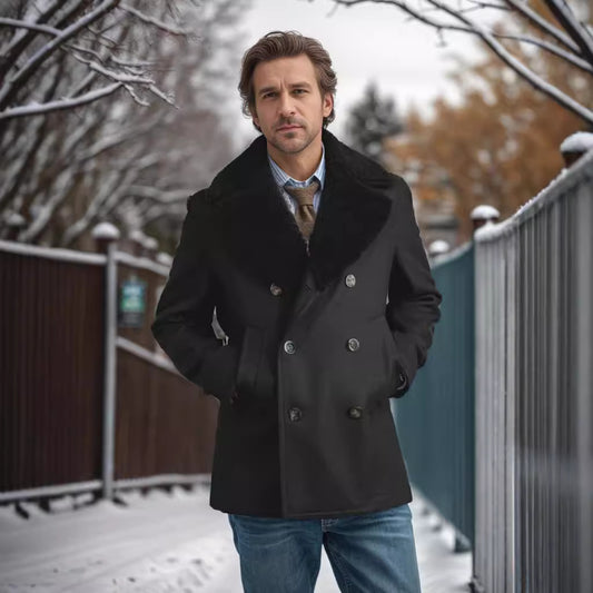 Winter Essential Pea Coat with Faux Fur Collar for Men