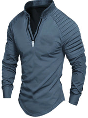 Stylish Men's Black Half-Zip Pullover With Pleated Shoulder Design