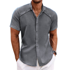 Men's Cotton And Linen Solid Color Lapel Short-Sleeved Shirt MTA0127D8X