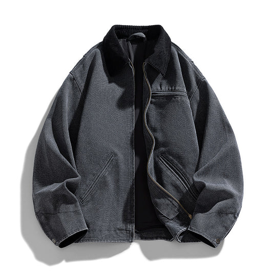 Men's Work Jacket - Detroit Washed, Retro Distressed Denim Canvas Coat