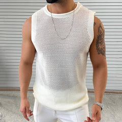 Men's Casual Crew Neck Hollow Out Patchwork Knitted Tank Top MTA0786D7M