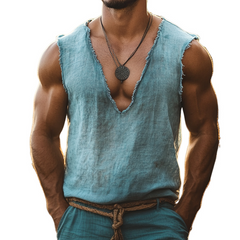 Men's Retro Casual Linen Ripped V-Neck Tank Top MTA1728C1TO